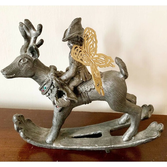 Ricker pewter Christmas reindeer & elf handcrafted 1994 table ornament - Picture 1 of 9